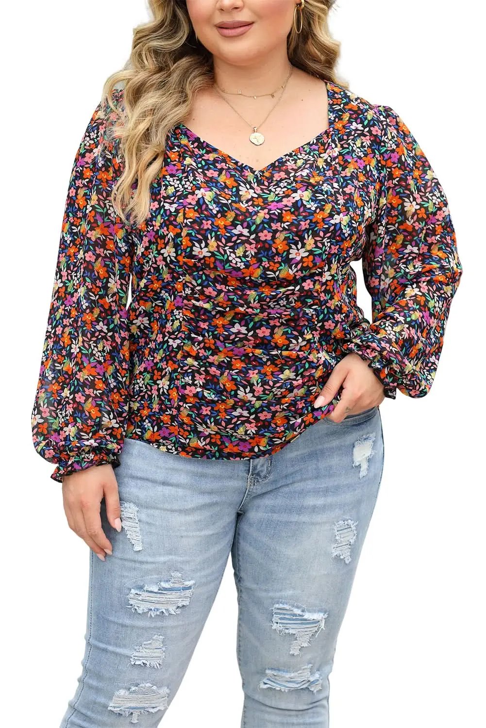 Black Plus Size V Neck Bubble Sleeve Floral Blouse - Love Salve